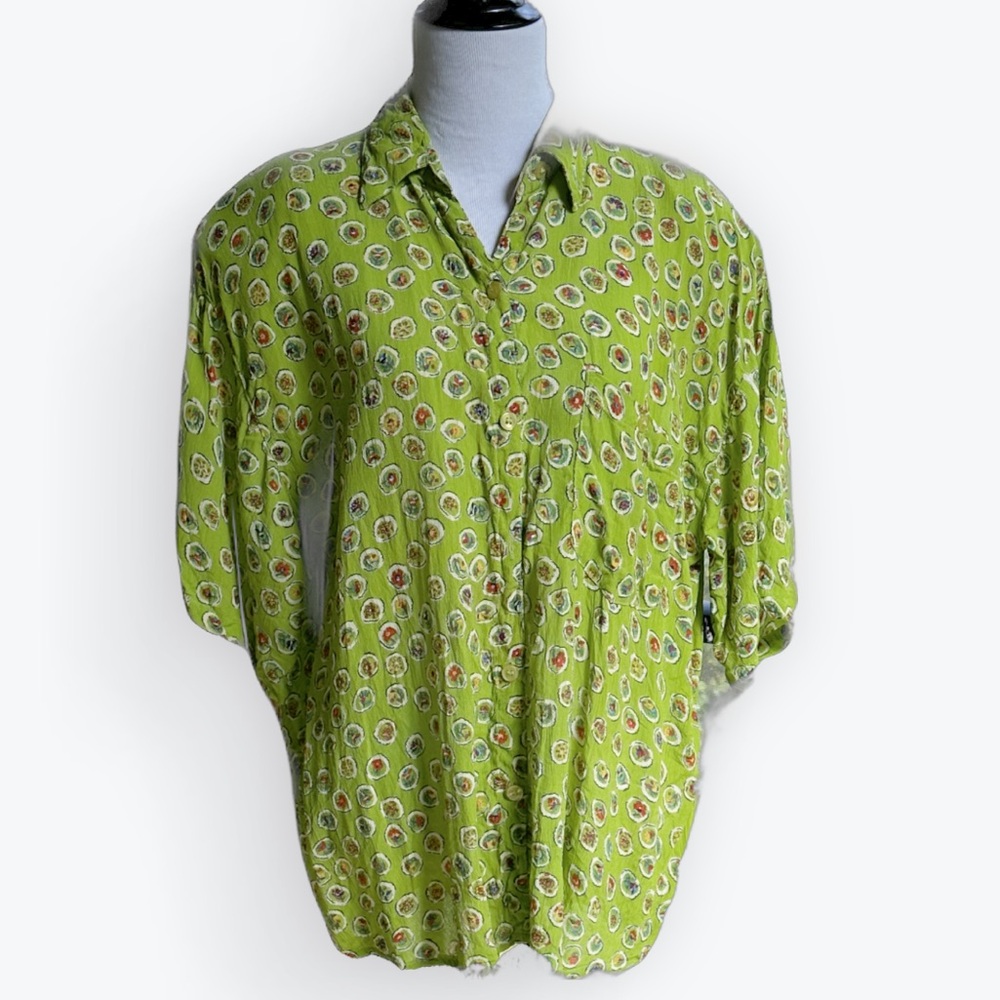 Quirky Cluttercore Whimsical Boho Floral Colorful Circles Lime Green Blouse ~1X